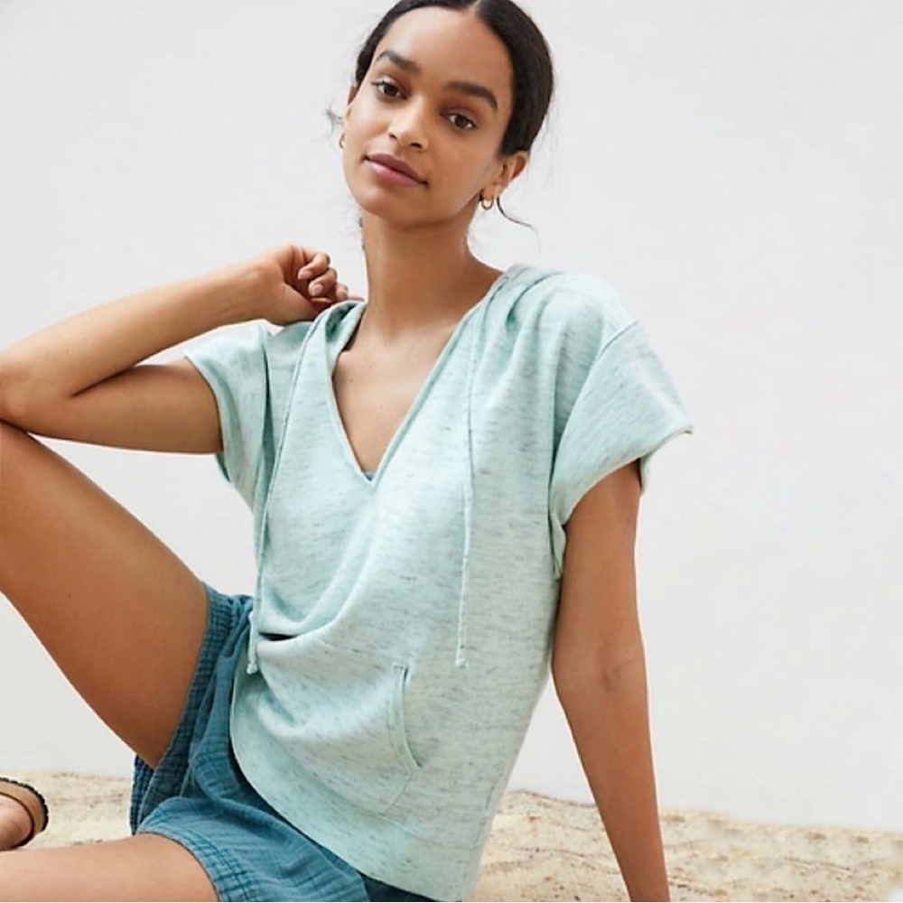 Anthropologie Daily Practice Short Sleeve Hooded Sweatshirt Tee Mint Green XS